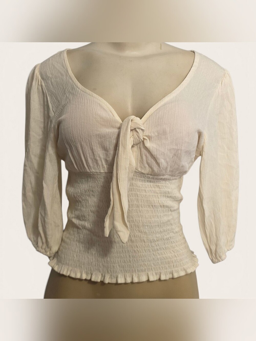 No Boundaries Cream Smocked Tie Front Blouse Puff Sleeve Cottagecore Small